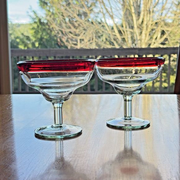 Margarita Glasses Red Rim Mexican Hand Blown Thick Glass Set Of 2 Barware 10 oz - Picture 7 of 7
